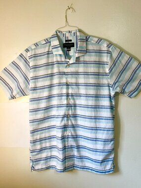 EUC "Pronto Uomo" Size L Striped Short Sleeve Cotton Shirt - Blue/Navy/White